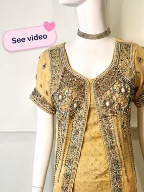 💎 Champagne Beige Embellished Pakistani Formal Gown Eid Wedding Guest Sz S M